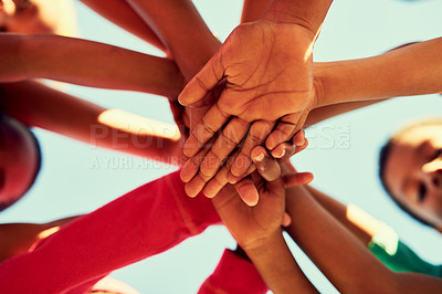 Buy stock photo Stack of hands, group and children in circle for unity, collaboration or youth bonding together. Team, support and kid friends outdoor with solidarity, connection or motivation in nature from below.