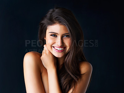 Buy stock photo Portrait, hair care and woman with shine, smile and dermatology on dark studio background. Face, person and model with glow, grooming routine and organic treatment with keratin, texture and volume