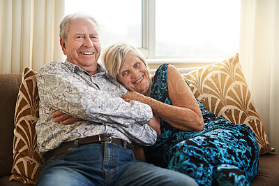 Buy stock photo Senior, couple and portrait at nursing home with love, smile and bonding in living room. Retirement, care and relax in a house happy with wellness on a sofa with marriage and support on couch