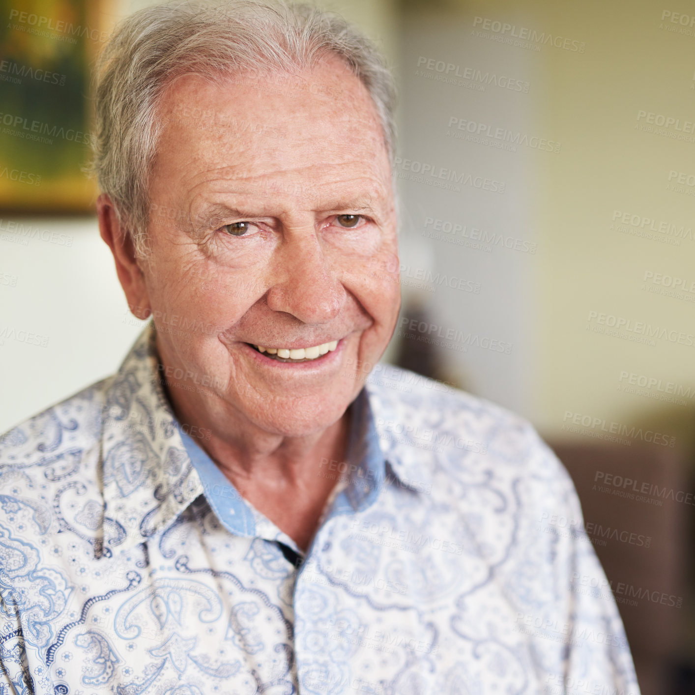 Buy stock photo Senior, man and portrait at nursing home with pension, smile and confidence in living room. Retirement, face and relax in house happy with wellness with comfort and break with joy and elderly guy