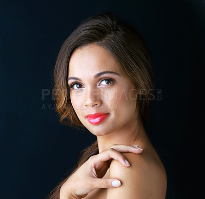 Buy stock photo Beauty, cosmetics and portrait of woman in studio with smile, confidence and healthy skin glow. Makeup, dermatology and happy face of girl with luxury skincare, pride and shine on dark background