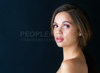 Buy stock photo Girl, portrait and beauty with makeup in studio with skin glow, foundation shine and pride for dermatology. Model, cosmetics and woman with confidence, wellness or self care on dark background mockup