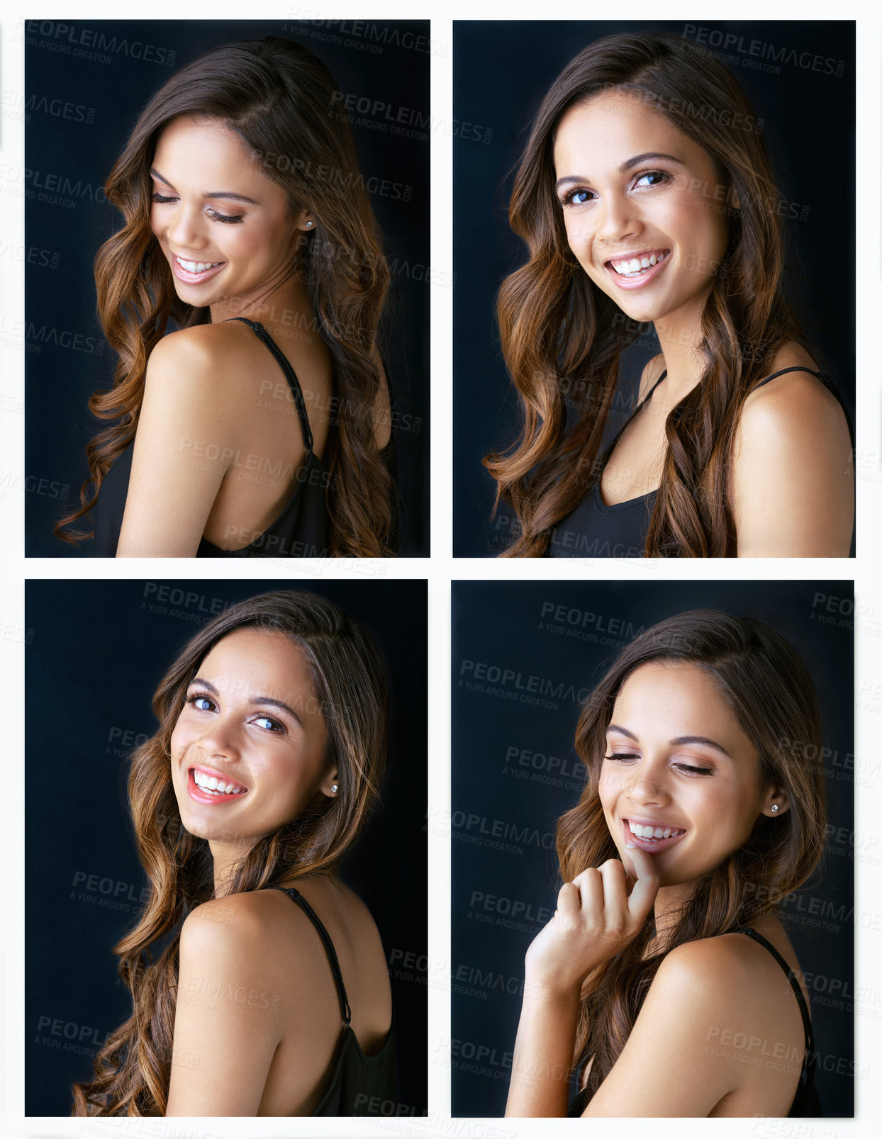 Buy stock photo Composite shot of a beautiful young woman posing against a black background