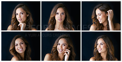 Buy stock photo Composite shot of a beautiful young woman posing against a black background
