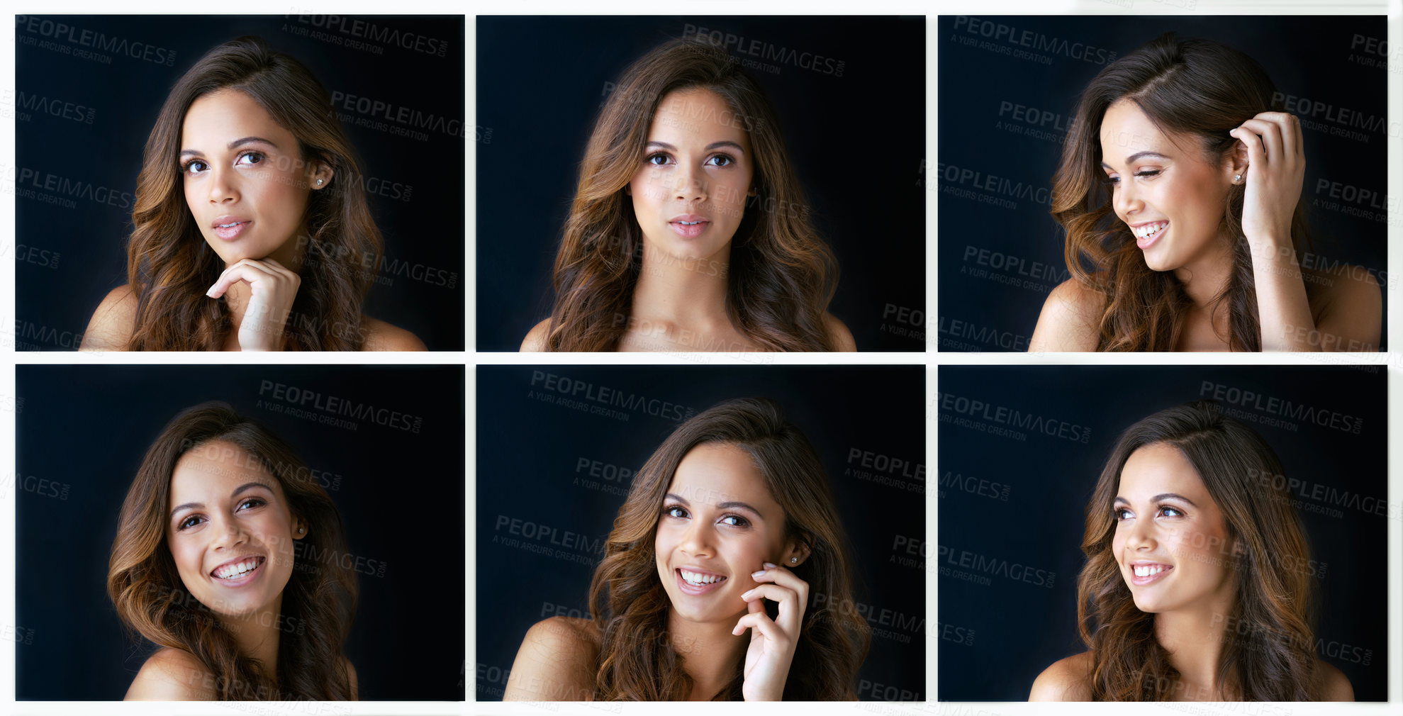Buy stock photo Composite shot of a beautiful young woman posing against a black background