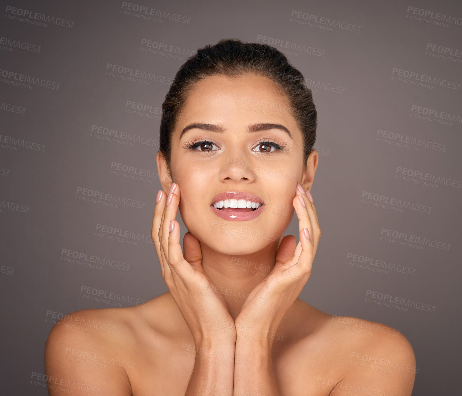 Buy stock photo Beauty, skincare and portrait of happy woman on gray background for wellness, glow and cosmetics. Dermatology, salon mockup and attractive person with healthy skin, makeup and facial in studio