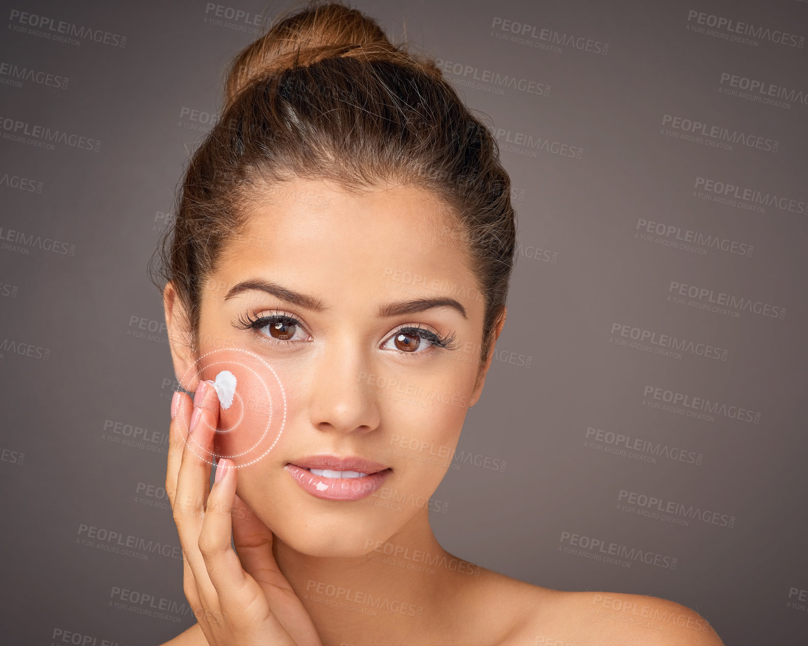 Buy stock photo Cosmetics, portrait and woman with lotion in studio for facial treatment, skincare or dermatology on gray background. Red overlay, wellness and model with product for moisturizer, cream or skin glow