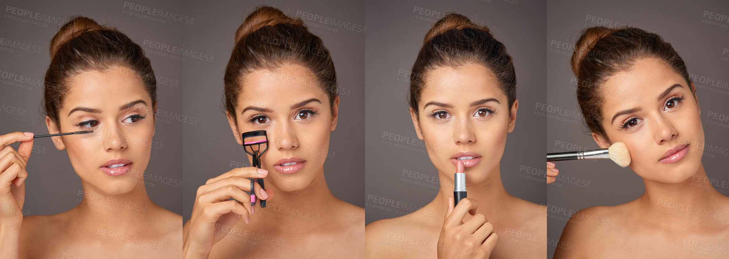 Buy stock photo Composite shot of a beautiful young model applying makeup in studio