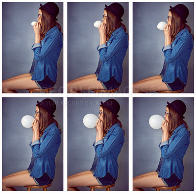 Buy stock photo Composite shot of a fun-loving young woman blowing up a balloon in studio