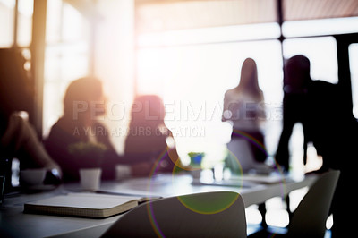 Buy stock photo Discussion, planning and business people in the office brainstorming for a corporate project in collaboration. Teamwork, meeting and blur of group of employees working together in workplace boardroom