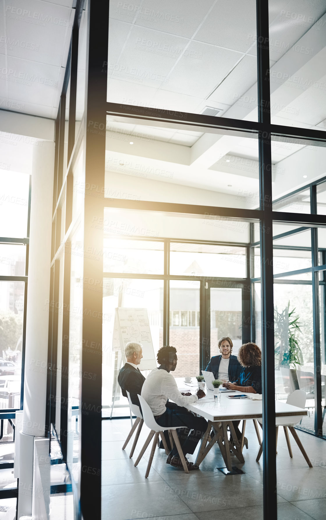 Buy stock photo Planning, strategy and meeting with business people in boardroom for teamwork, brainstorming and solution. Corporate, collaboration and conference with employees in office for negotiation development