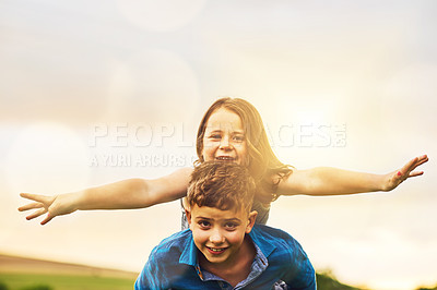 Buy stock photo Piggyback, happy and portrait of kids in nature for bonding, playing games and fun together outdoors. Family, childhood and happy girl and boy in meadow for flying, adventure and relax on holiday