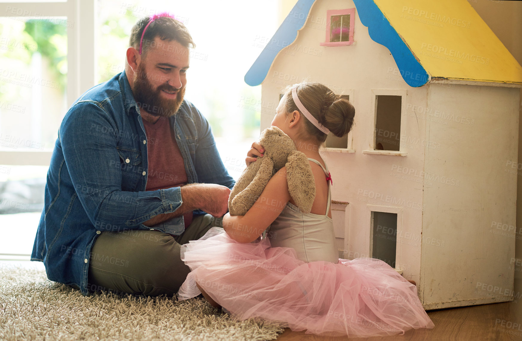 Buy stock photo Fairytale, father or girl with playing in home for development, fantasy or dress up game with dollhouse on rug. Cosplay fun, dad or daughter on floor with bonding, imagination or parenting with smile