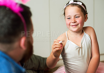 Buy stock photo Fairytale, father or girl with playing in home for tea party, fantasy or dress up game with happiness. Cosplay fun, dad or daughter on floor with bonding, imagination or parenting with smile in house