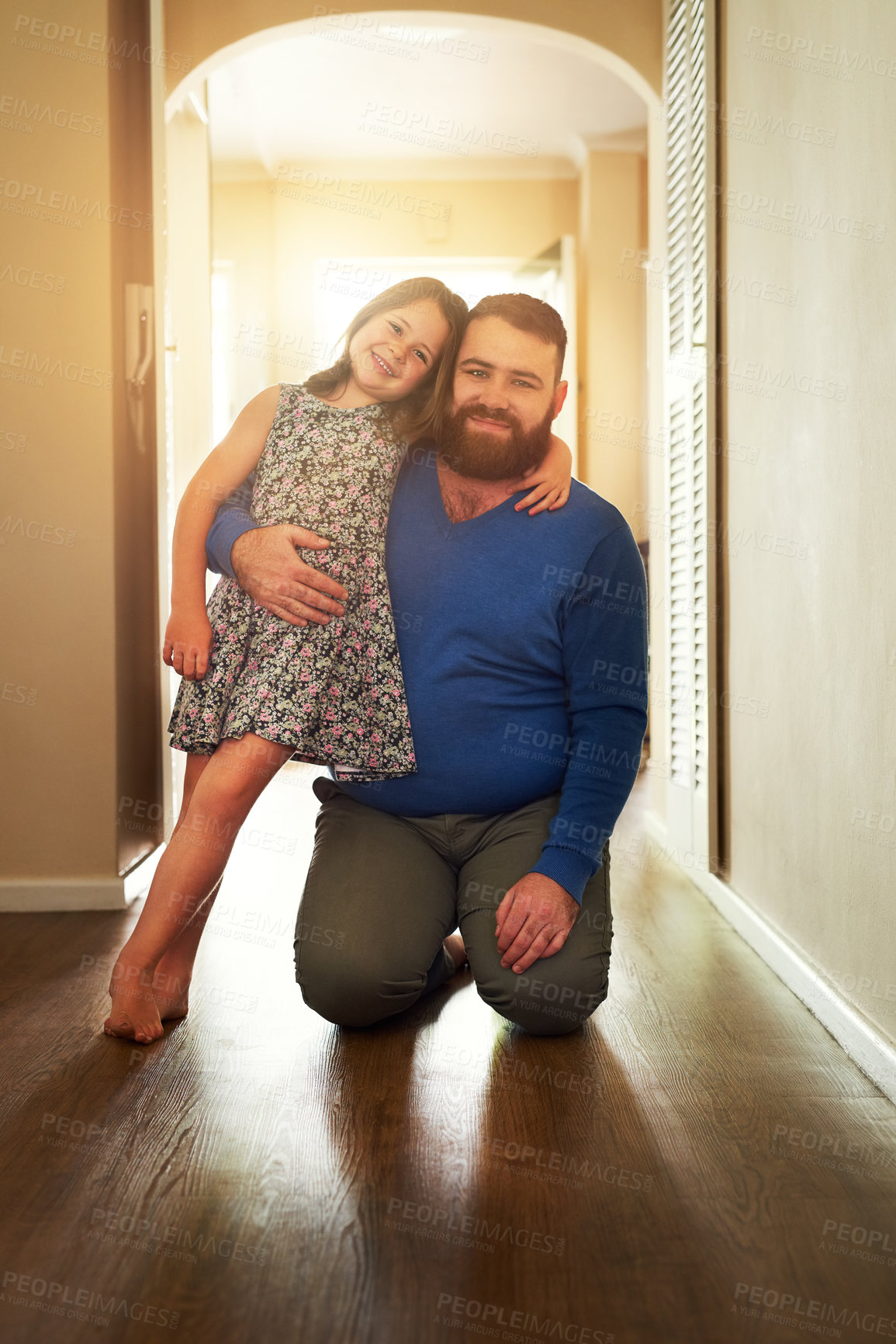 Buy stock photo Happy, relax and portrait of dad with child in home for bonding, loving relationship and relax together on weekend. Family, parenting and father with girl for playing, fun and smile in living room