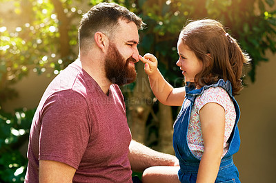 Buy stock photo Dad, kid and smile in garden with bonding, care and playing on outdoor adventure, touch nose and games. Love, father and girl in backyard together in playful support, trust or happy growth in summer