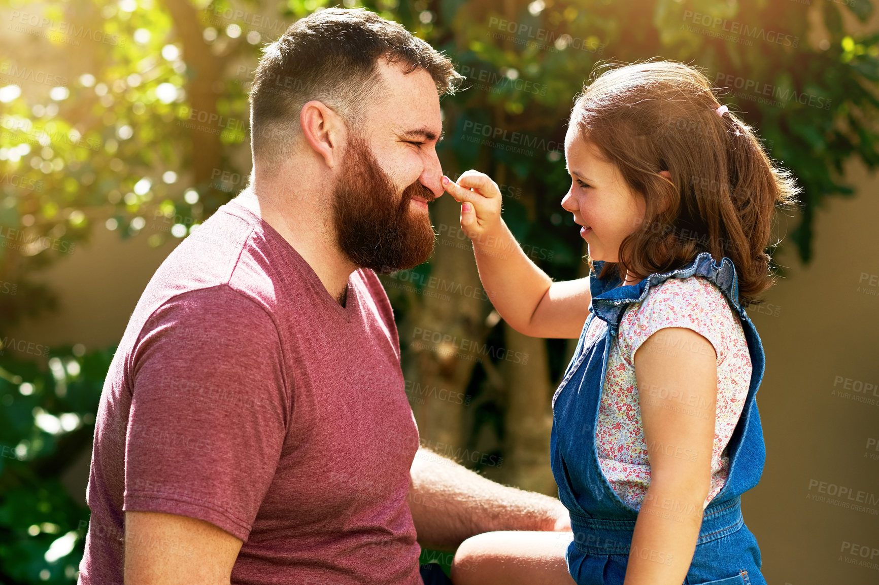 Buy stock photo Dad, kid and smile in garden with bonding, care and playing on outdoor adventure, touch nose and games. Love, father and girl in backyard together in playful support, trust or happy growth in summer