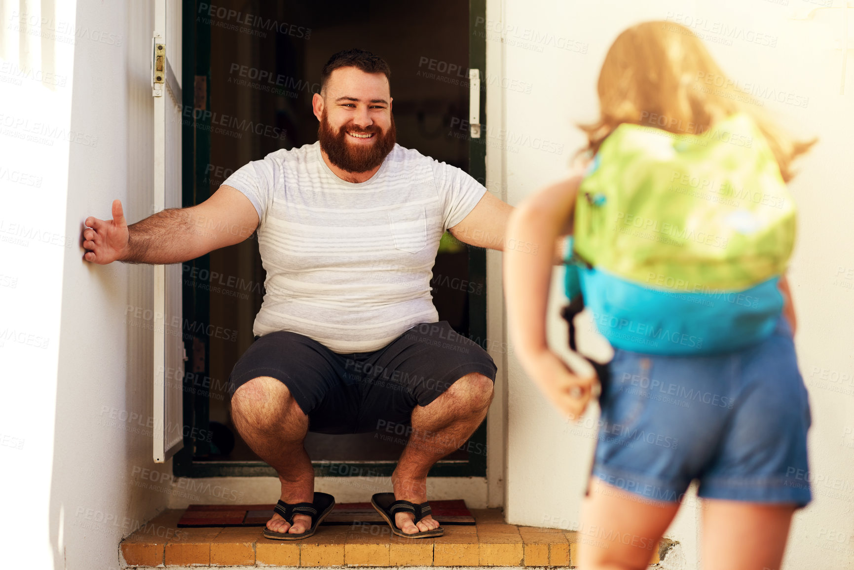 Buy stock photo Back to school, door and dad hug at home with young girl with happiness and parent love. Father care, support and smile with child together on family house porch with a greeting and kid backpack 