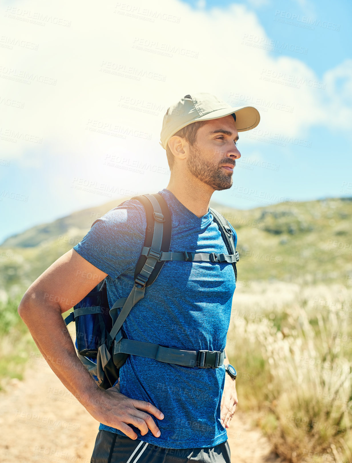 Buy stock photo Cropped shot of a young man out on a hike