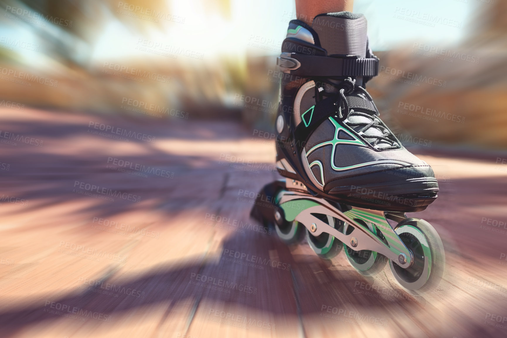 Buy stock photo Rollerblade, speed and feet of person on road for adventure race, outdoor hobby and street fun. Shoes, action and athlete with roller skates on sidewalk for extreme sports, fitness or adrenaline rush