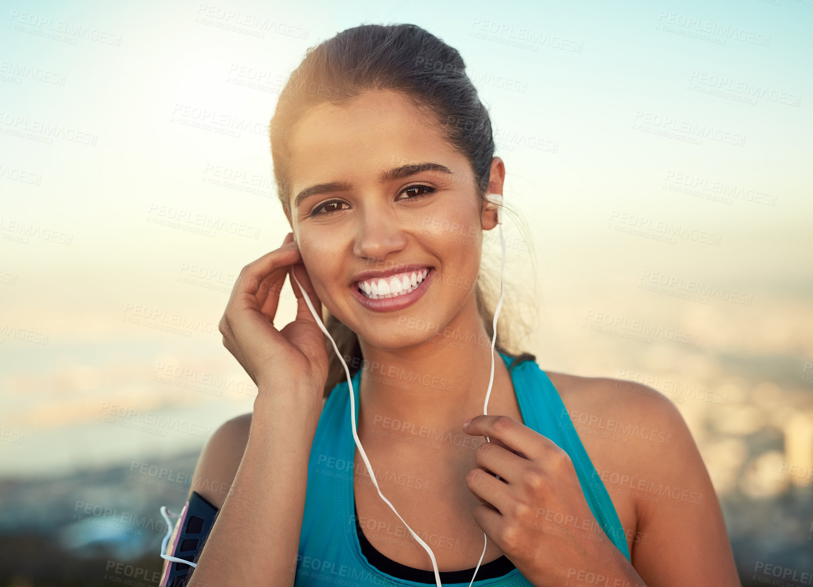 Buy stock photo Outdoor, portrait and woman with music for fitness, motivation and boost mood with audiobook for exercise. Nature, happy girl and podcast with earphones for listen, hear and health tips for wellness