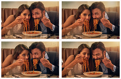 Buy stock photo Date, restaurant and couple eating spaghetti for love, crazy fun and valentines date celebration in portrait collage. Happy people with pasta food for anniversary, dinner or fine dining experience