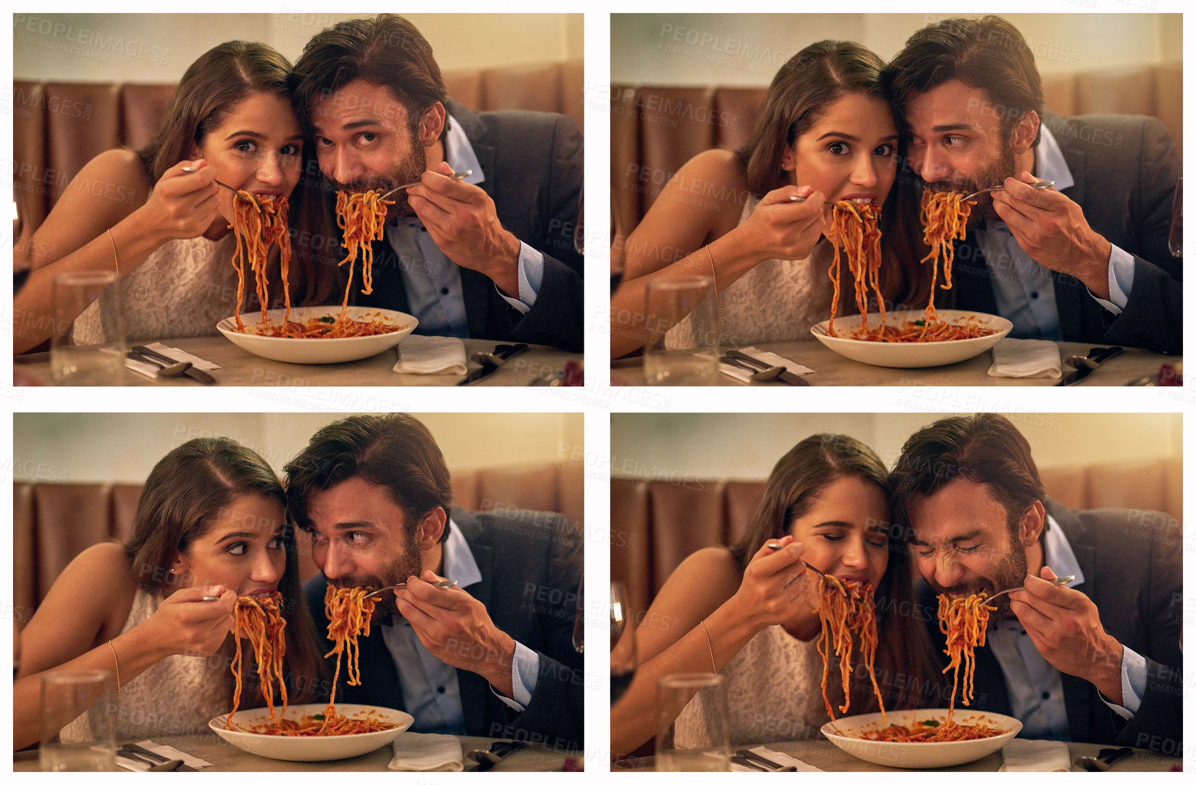 Buy stock photo Date, restaurant and couple eating spaghetti for love, crazy fun and valentines date celebration in portrait collage. Happy people with pasta food for anniversary, dinner or fine dining experience