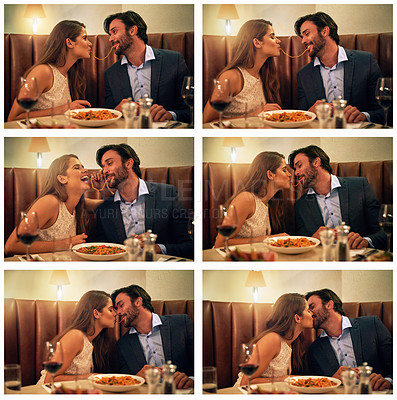 Buy stock photo Collage kiss, eating and couple at a restaurant with food, affection and on a night date for love. Pasta, happy and composite of a man and woman at a fine dining table to celebrate valentines day