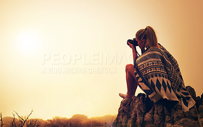 Buy stock photo Sunrise, nature photographer and woman on cliff for picture on holiday, vacation and mockup space. Camera, photography and person at mountain outdoor for hiking, adventure and travel with view of fog