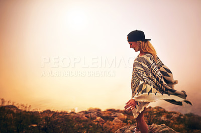 Buy stock photo Woman, hiking and sunrise on mountain with cap, blanket and mist for adventure, hobby and fun weekend. Female person, activity and fog in nature for travel, holiday or happiness with smile in mockup