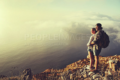 Buy stock photo Hiking, view and fitness with couple in mountains for health, mockup or sightseeing together in summer. Peru, nature and travel with man, woman and hug on summit trail or peak for horizon adventure