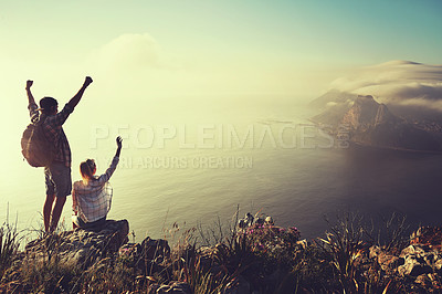 Buy stock photo Hiking, view and freedom with couple in mountains for health, exercise or sightseeing together in summer. Peru, nature and travel with man, woman and hug on summit trail or peak for horizon adventure