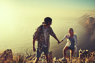 Buy stock photo Hiking, holding hands and help with couple in mountains for health, exercise or sightseeing together in summer. Peru, nature and travel with man, woman and view on summit trail for horizon adventure