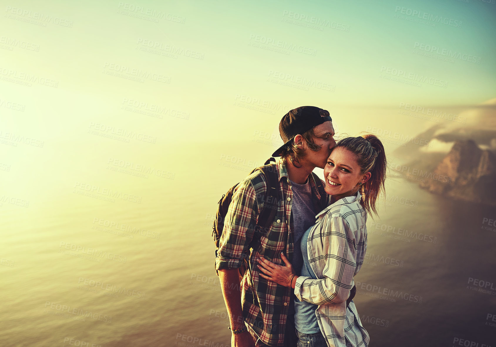 Buy stock photo Hiking, view and affection with couple in mountains for health, mockup or sightseeing together in summer. Peru, nature and travel with man, woman and kiss on summit trail for horizon adventure