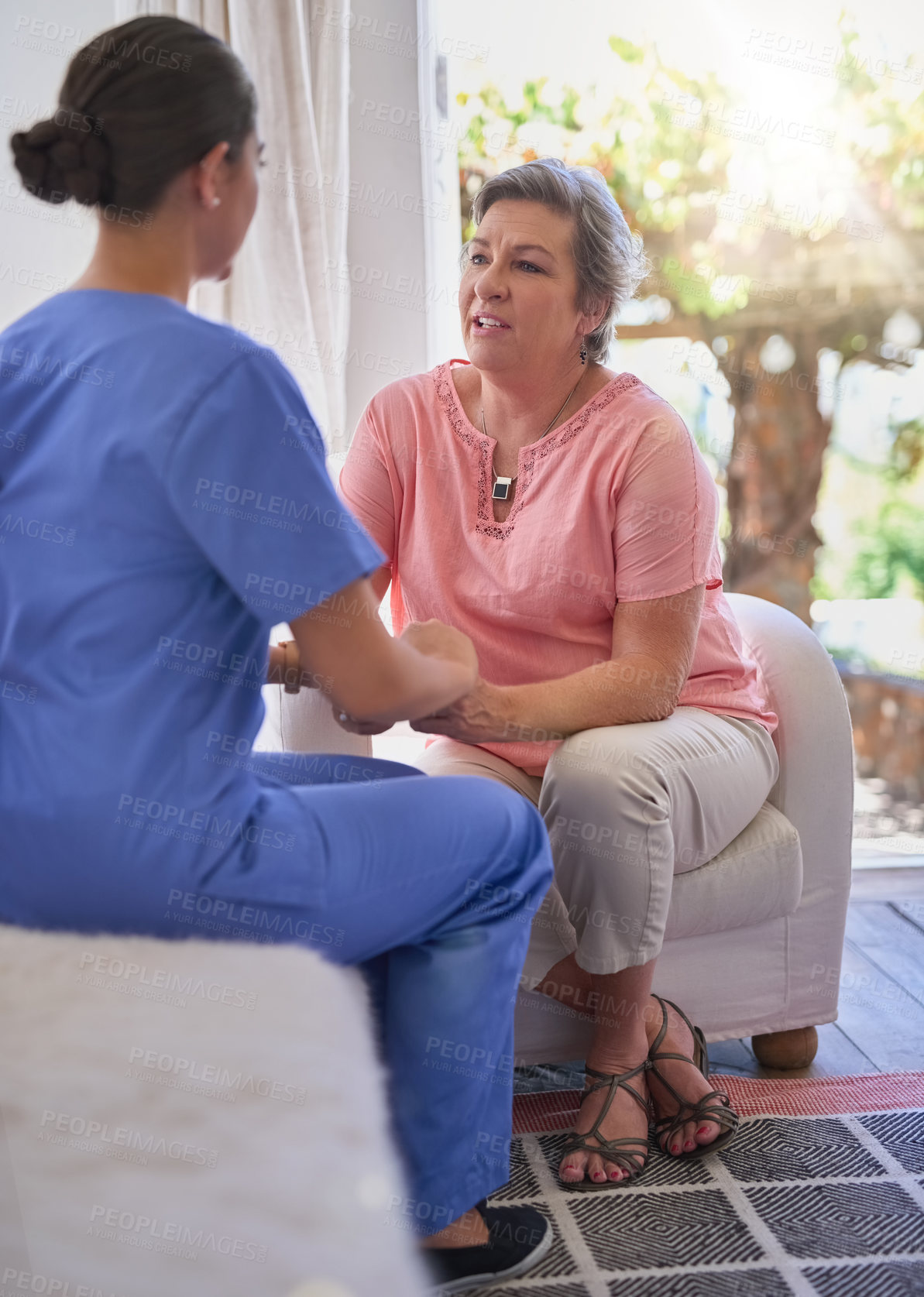 Buy stock photo Woman, caregiver and holding hands for support in clinic for senior patient, sympathy or empathy by consultation of medical results. Healthcare, trust or hope of counselling together at nursing home