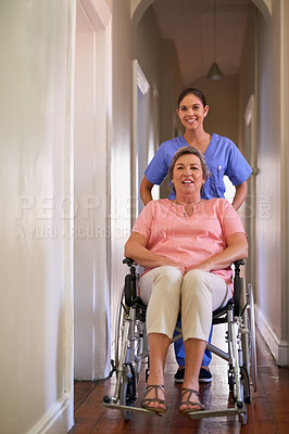 Buy stock photo Happy woman, wheelchair and nurse  with homecare helping, healthcare service and disability support. Caregiver, disabled patient or senior person, health insurance and home, adn and rehabilitation