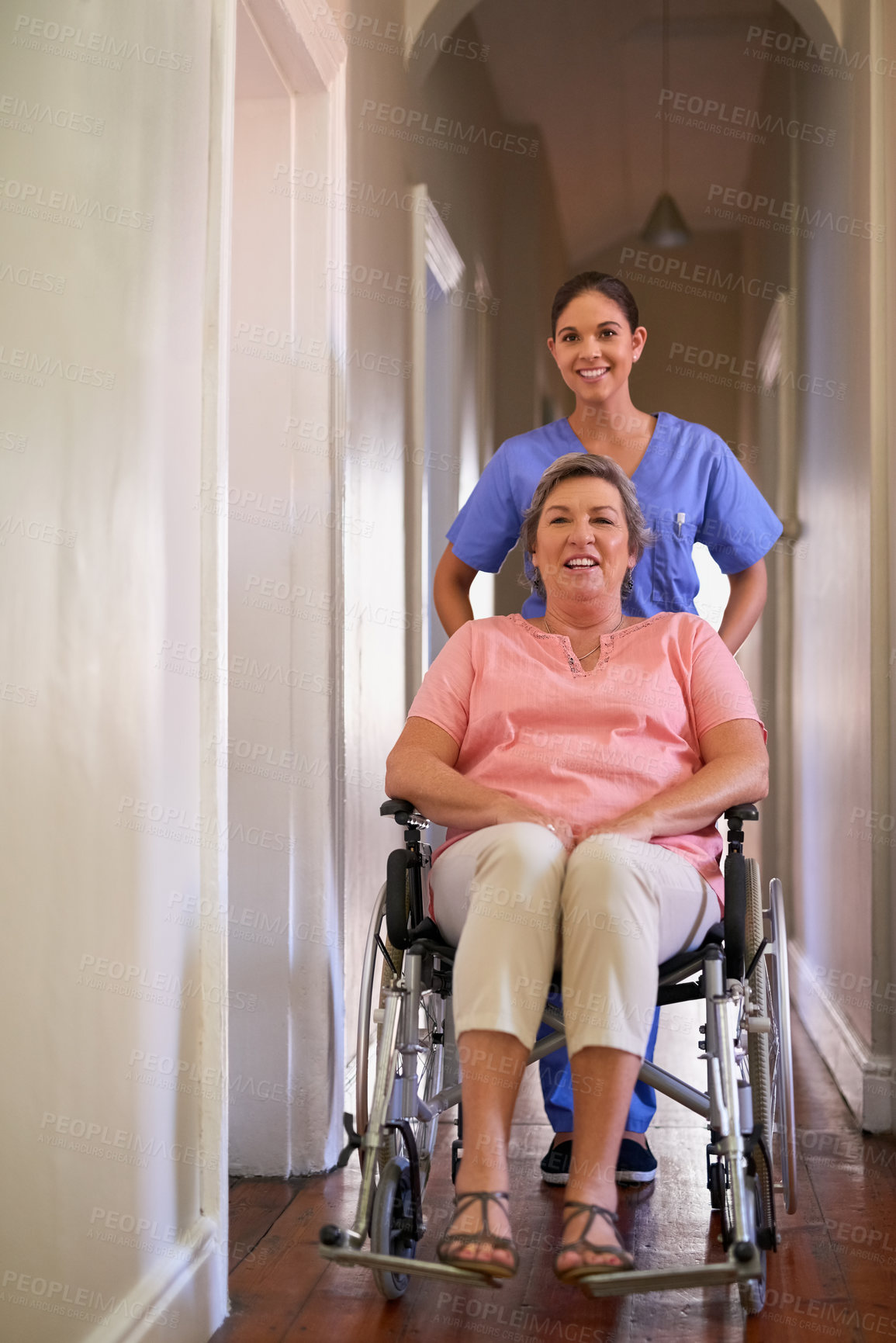 Buy stock photo Happy woman, wheelchair and nurse  with homecare helping, healthcare service and disability support. Caregiver, disabled patient or senior person, health insurance and home, adn and rehabilitation