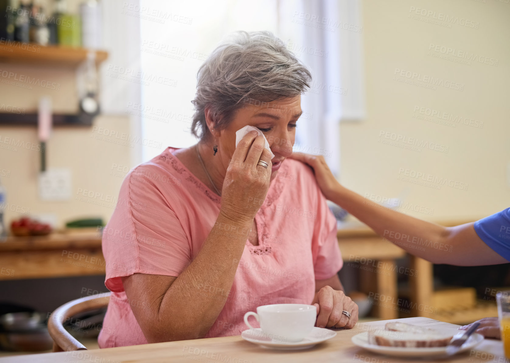 Buy stock photo Woman, crying and caregiver for support at nursing home with consultation, medical results or helping comfort of counselling . Nurse, patient and sad with empathy, sympathy and retirement healthcare
