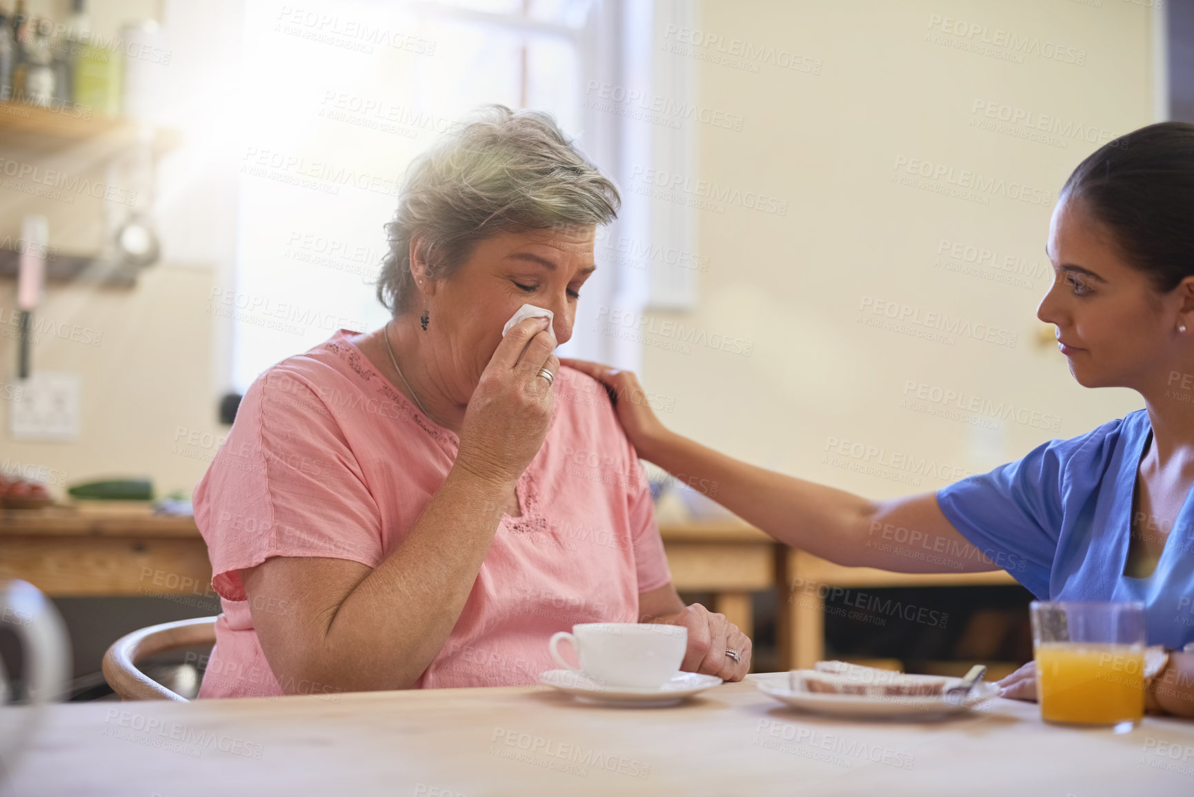 Buy stock photo Caregiver, woman and crying for support at nursing home with consultation, medical results or helping comfort of counselling . Nurse, patient and sad with empathy, sympathy and retirement healthcare 