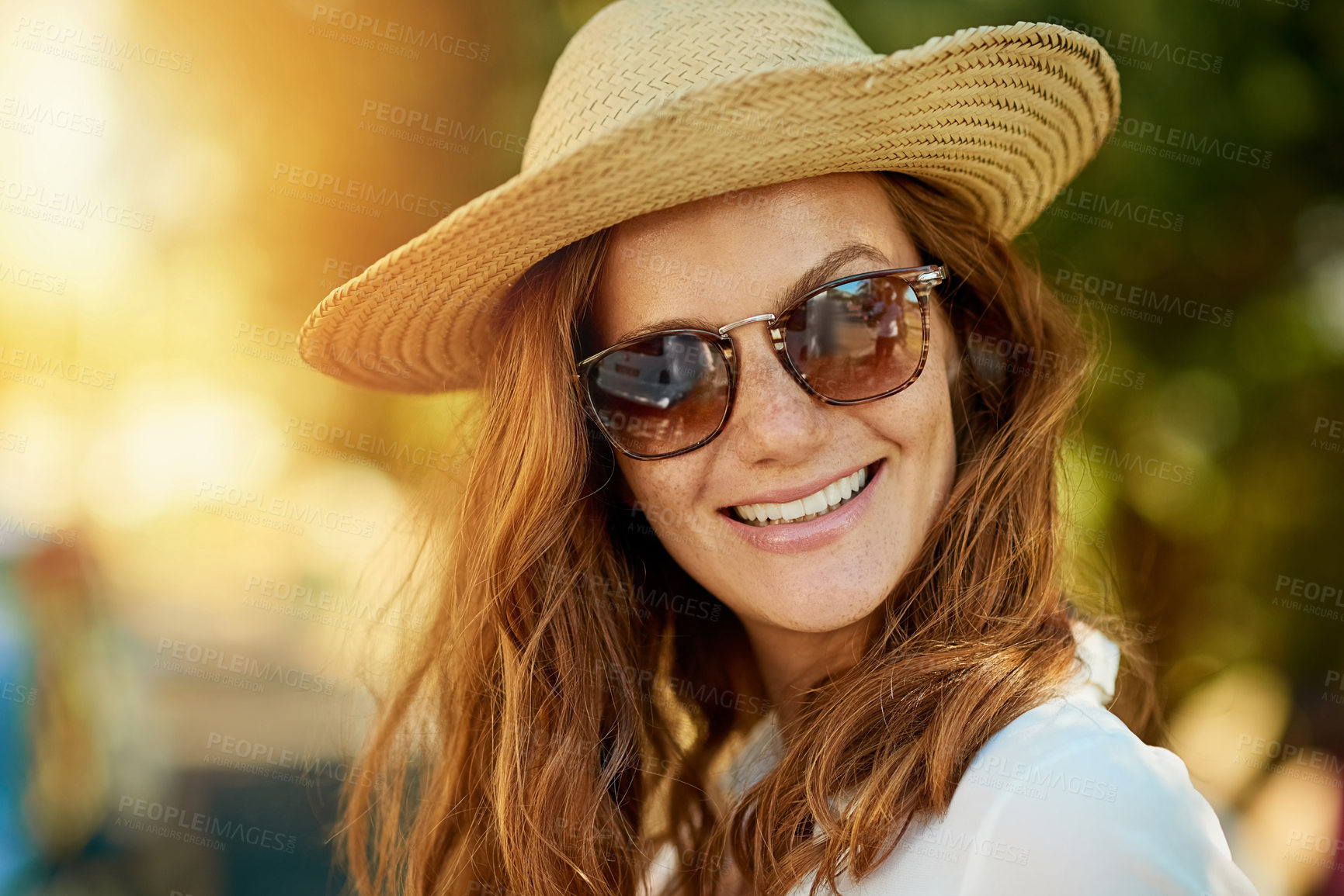 Buy stock photo Portrait, summer and woman in nature on vacation, travel and sunglasses on tropical island. Canadian girl, holiday and smile for adventure as tourist, exploring or sightseeing with happy for time off