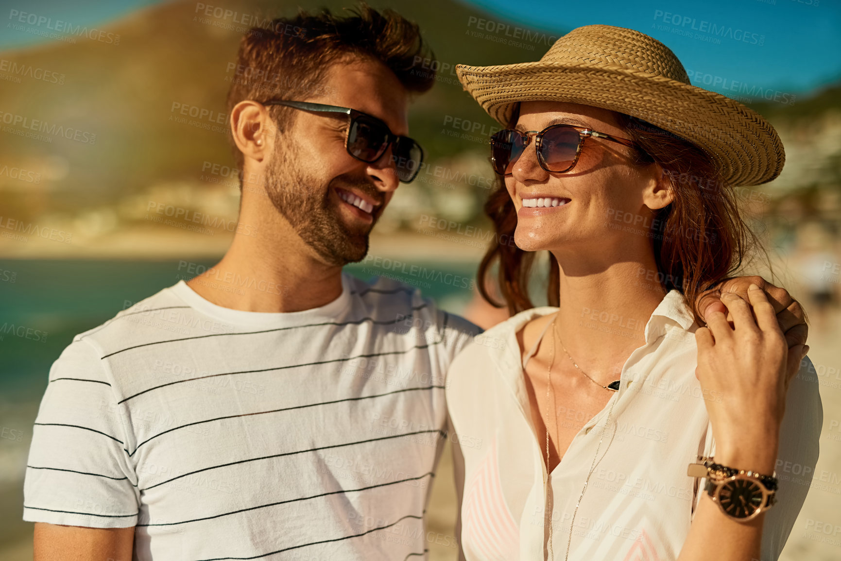 Buy stock photo Happy, couple and vacation for date, smile and sunglasses for summer, tropical and relax in holiday. Trip, woman and man in Cancun, hat and adventure for romance in marriage, outdoor and travel