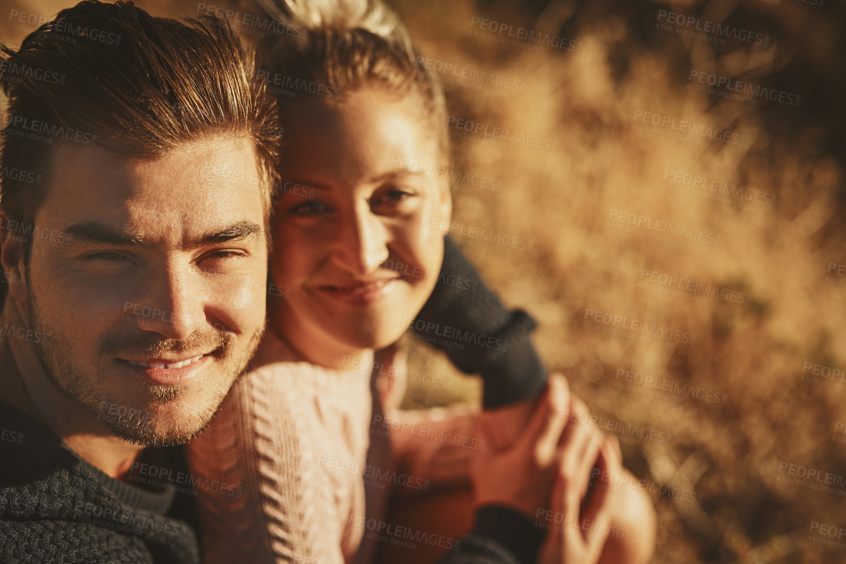 Buy stock photo Nature, sunset and portrait of couple hugging on romantic date for marriage connection on mountain. Happy, relax and young man and woman embracing with love at cliff in Switzerland for adventure.