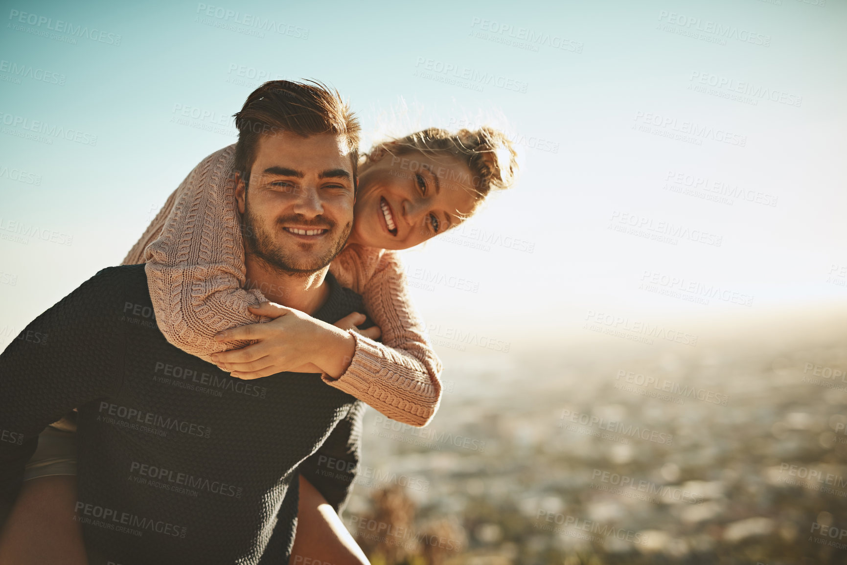 Buy stock photo Piggy back, couple and portrait on mountain top for hiking, love and adventure or travel. Man, woman and together in nature for trekking and support for date in summer and vacation in Los Angeles