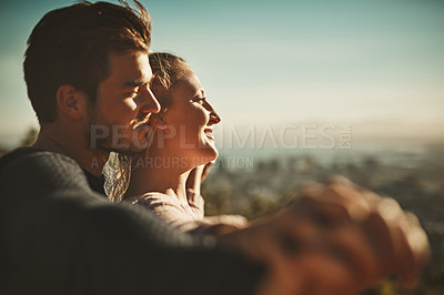 Buy stock photo Mountain, view and couple with smile in hug for summer holiday, love and outdoor adventure. Blue sky, man and woman with happiness in embrace for weekend vacation, sunset and sightseeing in Norway