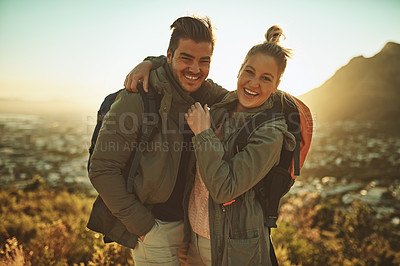 Buy stock photo Couple, hiking and happy portrait on mountain for bonding time, exercise and travel adventure in nature. Smile, man and woman for date on cliff with love relationship, sunrise and trekking in Mexico