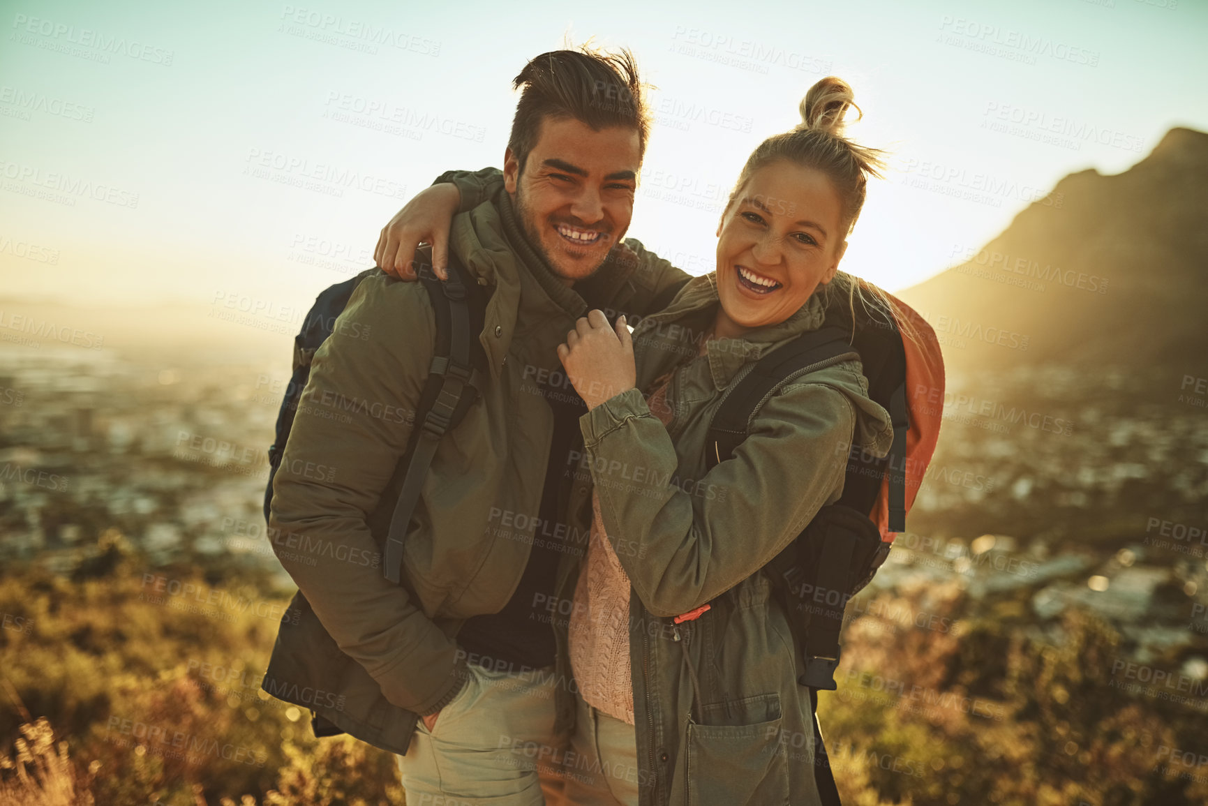 Buy stock photo Couple, hiking and happy portrait on mountain for bonding time, exercise and travel adventure in nature. Smile, man and woman for date on cliff with love relationship, sunrise and trekking in Mexico