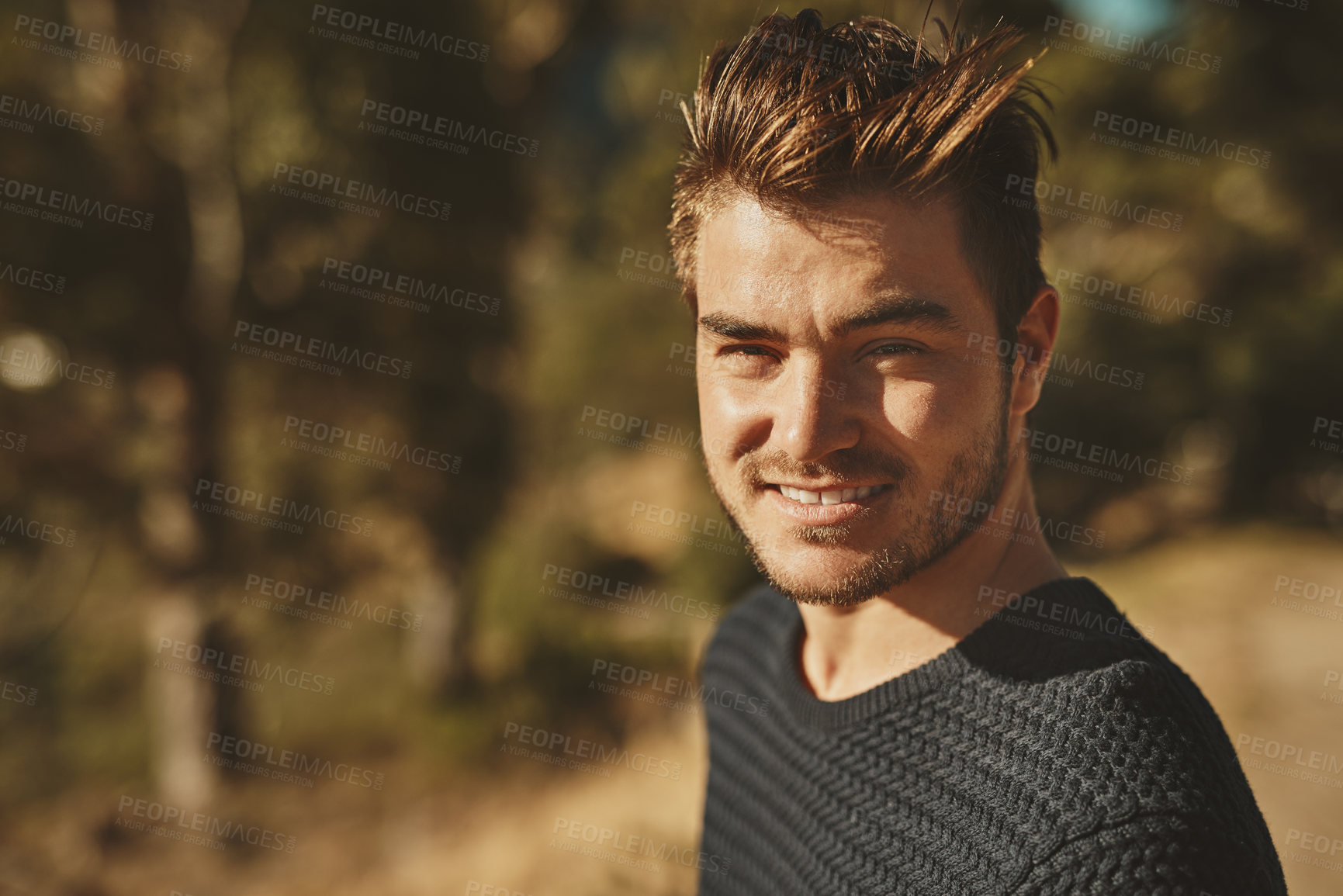 Buy stock photo Happy man, portrait and mountain for travel in outdoor, face and freedom on vacation. Male person, nature and weekend trip on holiday, smile and adventure tourist on cliff for peace or wellness