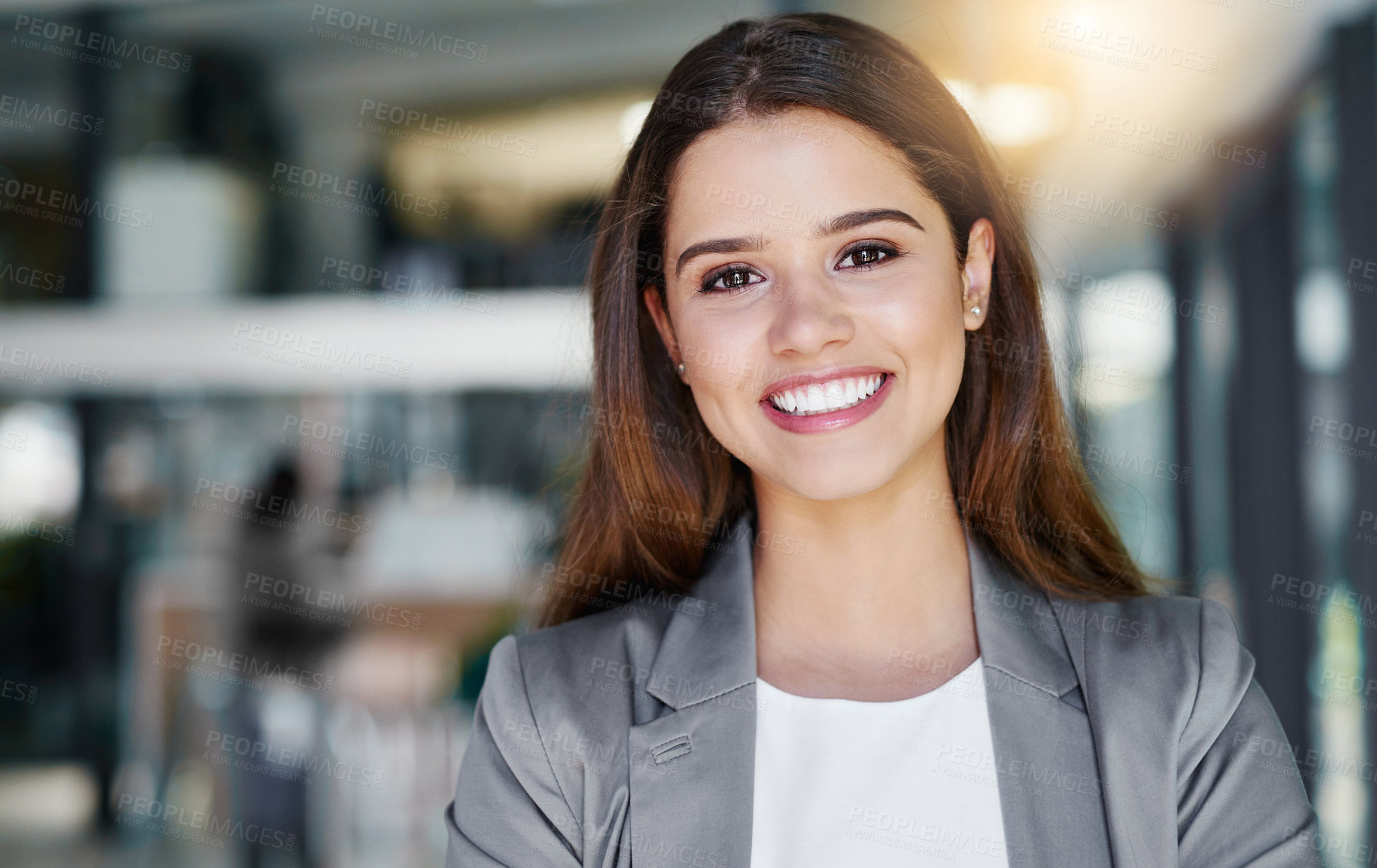 Buy stock photo Ambitious, portrait and woman in office, morning and professional for career growth, smile or confident. Lens flare, finance and corporate person in business, bookkeeper and funds of company or proud