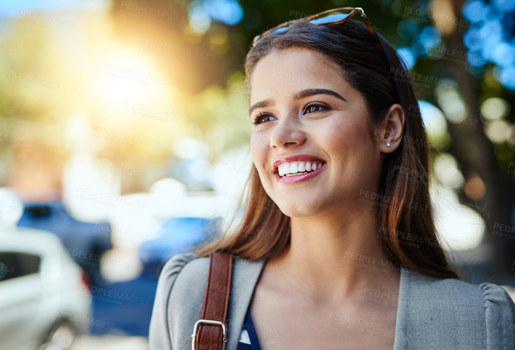 Buy stock photo Outdoor, woman and happy with commuting to work for internship, job and career opportunity. Female person, employee and smile or satisfied with pride or positive in city with traveling to office