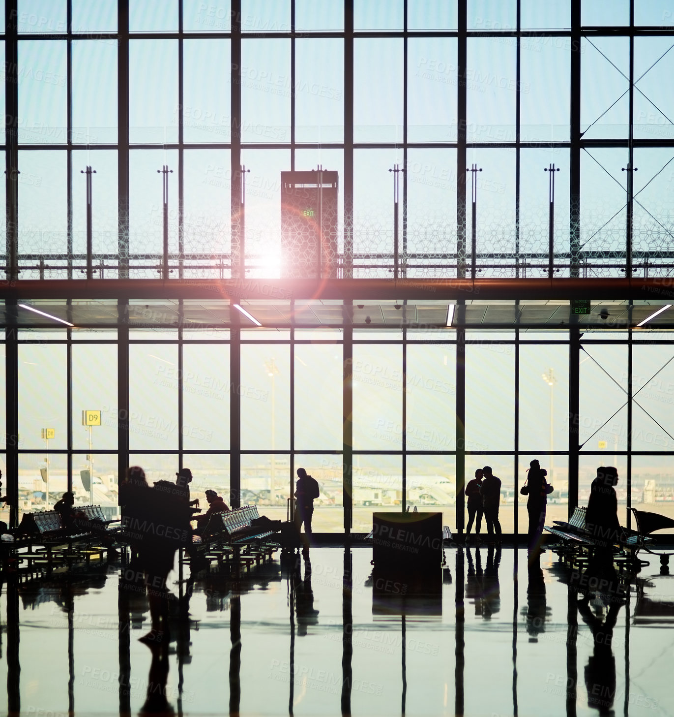 Buy stock photo People, passengers and waiting area in silhouette at airport lounge for business, vacation or immigration. Group, layover and departures for flight, trip and travel for destination, terminal or delay